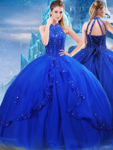 Royal Blue Lace Up Quince Ball Gowns Beading and Ruffles Sleeveless Brush Train