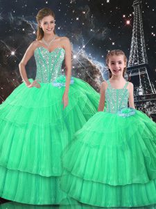 Ideal Apple Green Sleeveless Floor Length Ruffled Layers Lace Up Quinceanera Gown