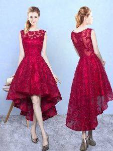 Burgundy Dama Dress for Quinceanera Prom and Party and Wedding Party with Lace Scoop Sleeveless Zipper