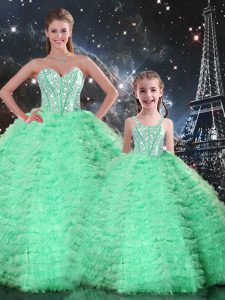 Edgy Turquoise Ball Gowns Sweetheart Sleeveless Tulle Floor Length Lace Up Beading and Ruffles Sweet 16 Quinceanera Dres