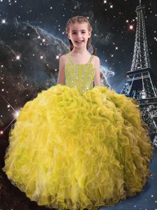 Light Yellow Ball Gowns Organza Straps Sleeveless Beading and Ruffles Floor Length Lace Up Pageant Gowns For Girls