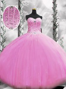 Stunning Tulle Sweetheart Sleeveless Lace Up Beading Vestidos de Quinceanera in Lilac
