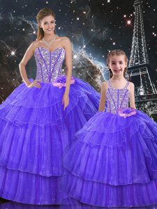Purple Organza and Tulle Lace Up Quinceanera Gown Sleeveless Floor Length Ruffled Layers and Sequins