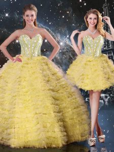 Exceptional Yellow Sleeveless Organza Lace Up 15 Quinceanera Dress for Military Ball and Sweet 16 and Quinceanera