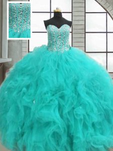 Custom Made Turquoise Sleeveless Floor Length Beading and Ruffles Lace Up 15 Quinceanera Dress