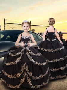 Black Lace Up Little Girls Pageant Gowns Embroidery and Ruffled Layers Sleeveless Floor Length