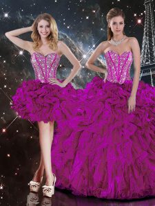 Graceful Fuchsia Organza Lace Up Quinceanera Gowns Sleeveless Floor Length Beading and Ruffles