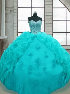 Aqua Blue Lace Up Quinceanera Gowns Beading and Appliques and Pick Ups Sleeveless Floor Length
