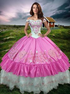 Rose Pink Taffeta Lace Up Ball Gown Prom Dress Sleeveless Floor Length Beading and Embroidery and Ruffled Layers