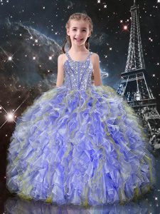 Elegant Sleeveless Floor Length Beading and Ruffles Lace Up Little Girls Pageant Gowns with Lavender