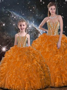 Custom Design Orange Organza Lace Up Ball Gown Prom Dress Sleeveless Floor Length Beading and Ruffles