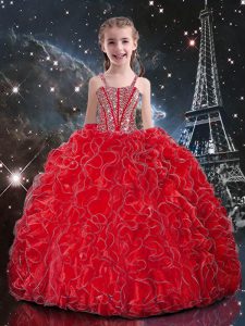 Coral Red Ball Gowns Straps Sleeveless Organza Floor Length Lace Up Beading and Ruffles Winning Pageant Gowns