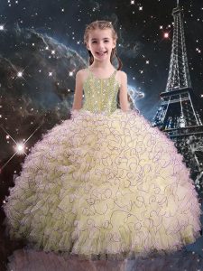 Eye-catching Organza Straps Sleeveless Lace Up Beading and Ruffles Little Girls Pageant Dress in Light Yellow