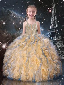 Custom Design Straps Sleeveless Organza Little Girls Pageant Gowns Beading and Ruffles Lace Up