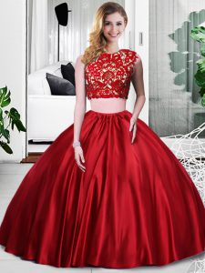 Wine Red Sleeveless Floor Length Lace and Ruching Zipper Sweet 16 Quinceanera Dress