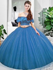 Lace Quinceanera Gowns Blue Lace Up Sleeveless Floor Length