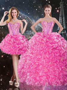 Floor Length Lace Up Ball Gown Prom Dress Rose Pink for Military Ball and Sweet 16 and Quinceanera with Beading and Ruff