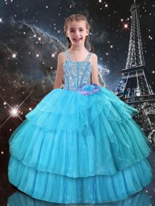 On Sale Ball Gowns Pageant Dress for Teens Aqua Blue Straps Organza Sleeveless Floor Length Lace Up