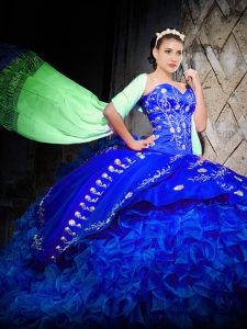 Royal Blue Sleeveless Brush Train Embroidery and Ruffles Quinceanera Dresses