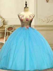 Scoop Sleeveless Lace Up Quinceanera Dress Baby Blue Organza