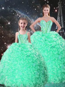 High End Apple Green Ball Gowns Organza Sweetheart Sleeveless Beading and Ruffles Floor Length Lace Up Sweet 16 Quincean