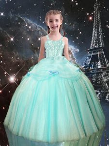 Ball Gowns Kids Pageant Dress Aqua Blue Straps Tulle Sleeveless Floor Length Lace Up