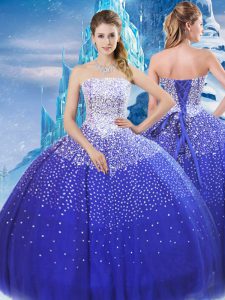 Sleeveless Floor Length Beading Lace Up Sweet 16 Dresses with Blue