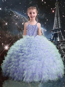 Attractive Floor Length Light Blue Little Girl Pageant Dress Straps Sleeveless Lace Up