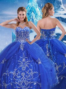 Exceptional Floor Length Lace Up Quinceanera Dresses Blue for Military Ball and Sweet 16 and Quinceanera with Beading an
