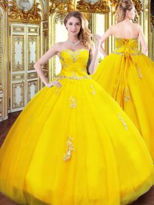 On Sale Beading and Appliques Sweet 16 Dress Gold Lace Up Sleeveless Floor Length