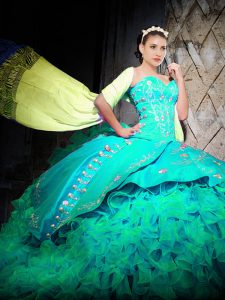 Turquoise Quinceanera Dress Military Ball and Sweet 16 and Quinceanera with Embroidery and Ruffles Sweetheart Sleeveless