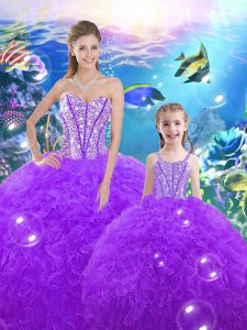 Floor Length Lace Up Sweet 16 Quinceanera Dress Purple for Military Ball and Sweet 16 and Quinceanera with Beading and R