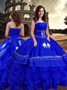 Royal Blue Ball Gowns Taffeta Strapless Sleeveless Embroidery and Ruffled Layers Floor Length Zipper Vestidos de Quincea