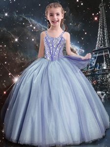 Elegant Sleeveless Tulle Floor Length Lace Up Pageant Dress Toddler in Light Blue with Beading