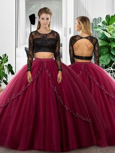 Captivating Fuchsia Tulle Backless Scoop Long Sleeves Floor Length Sweet 16 Quinceanera Dress Lace and Ruching