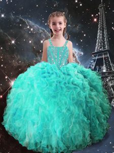 Organza Straps Sleeveless Lace Up Beading and Ruffles Glitz Pageant Dress in Turquoise