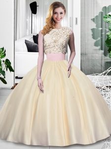 Delicate Champagne Two Pieces Scoop Sleeveless Taffeta Floor Length Zipper Lace and Appliques and Ruching Vestidos de Qu