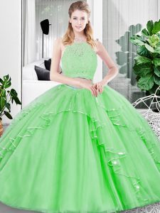 Two Pieces Scoop Sleeveless Tulle Floor Length Zipper Lace and Ruffled Layers Sweet 16 Dress