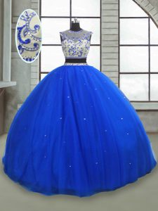Inexpensive Royal Blue Two Pieces Tulle Scoop Sleeveless Beading Floor Length Lace Up 15 Quinceanera Dress