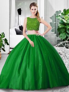 Green Two Pieces Scoop Sleeveless Tulle Floor Length Zipper Lace and Ruching Sweet 16 Dress