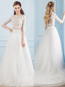 High Class White Two Pieces Scoop Half Sleeves Tulle Court Train Zipper Lace Wedding Gowns