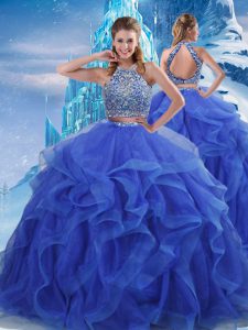Royal Blue Sweet 16 Quinceanera Dress Military Ball and Sweet 16 and Quinceanera with Beading and Ruffles Halter Top Sle