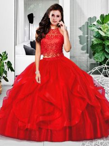 New Arrival Floor Length Red Sweet 16 Quinceanera Dress Tulle Sleeveless Lace and Ruffles