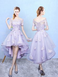 High End High Low Lavender Bridesmaid Gown Tulle Short Sleeves Lace