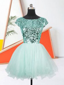 Mini Length A-line Short Sleeves Apple Green Prom Dresses Lace Up