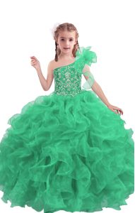 Apple Green Ball Gowns One Shoulder Sleeveless Organza Floor Length Lace Up Beading and Ruffles Little Girls Pageant Gow