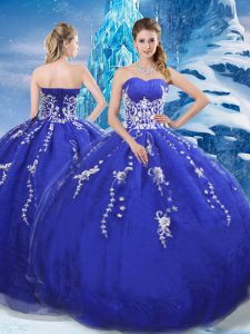 Floor Length Blue Ball Gown Prom Dress Organza Sleeveless Appliques