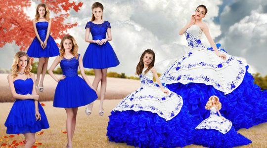 Sleeveless Embroidery and Ruffles Lace Up Sweet 16 Quinceanera Dress with Royal Blue Brush Train