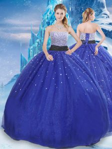 Ball Gowns Vestidos de Quinceanera Royal Blue Strapless Tulle Sleeveless Floor Length Lace Up
