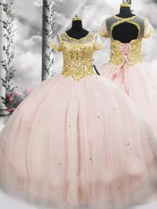 Pink Ball Gowns Beading Sweet 16 Quinceanera Dress Lace Up Tulle Short Sleeves Floor Length
